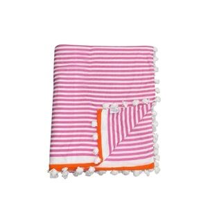 Serena &‎ Lily Pink White Orange Stripe Cotton Pom Pom Twin Size Coverlet